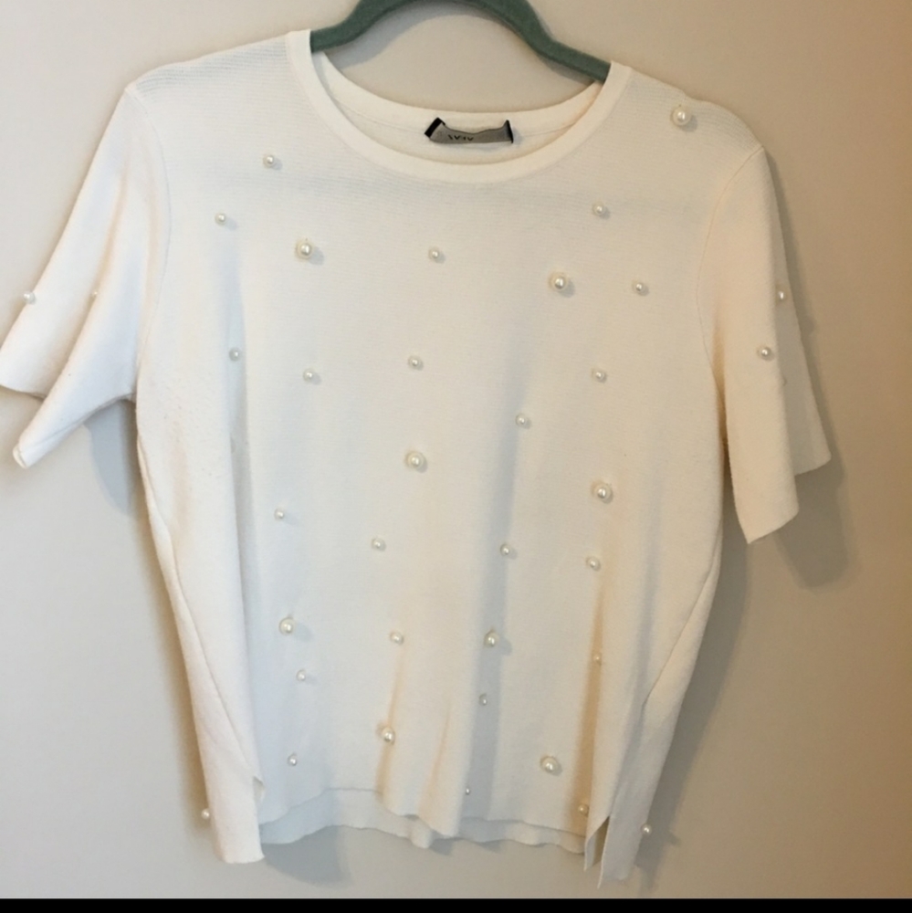 2/$45 Knit faux pearl studded short sleeve top